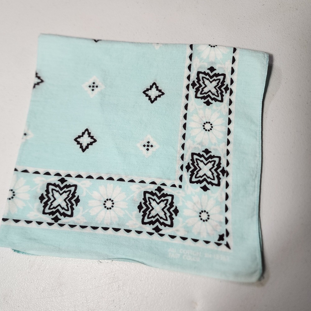 Vintage RN 13962 Light Teal Blue Cotton Floral Geometric Bandana Neckerchief